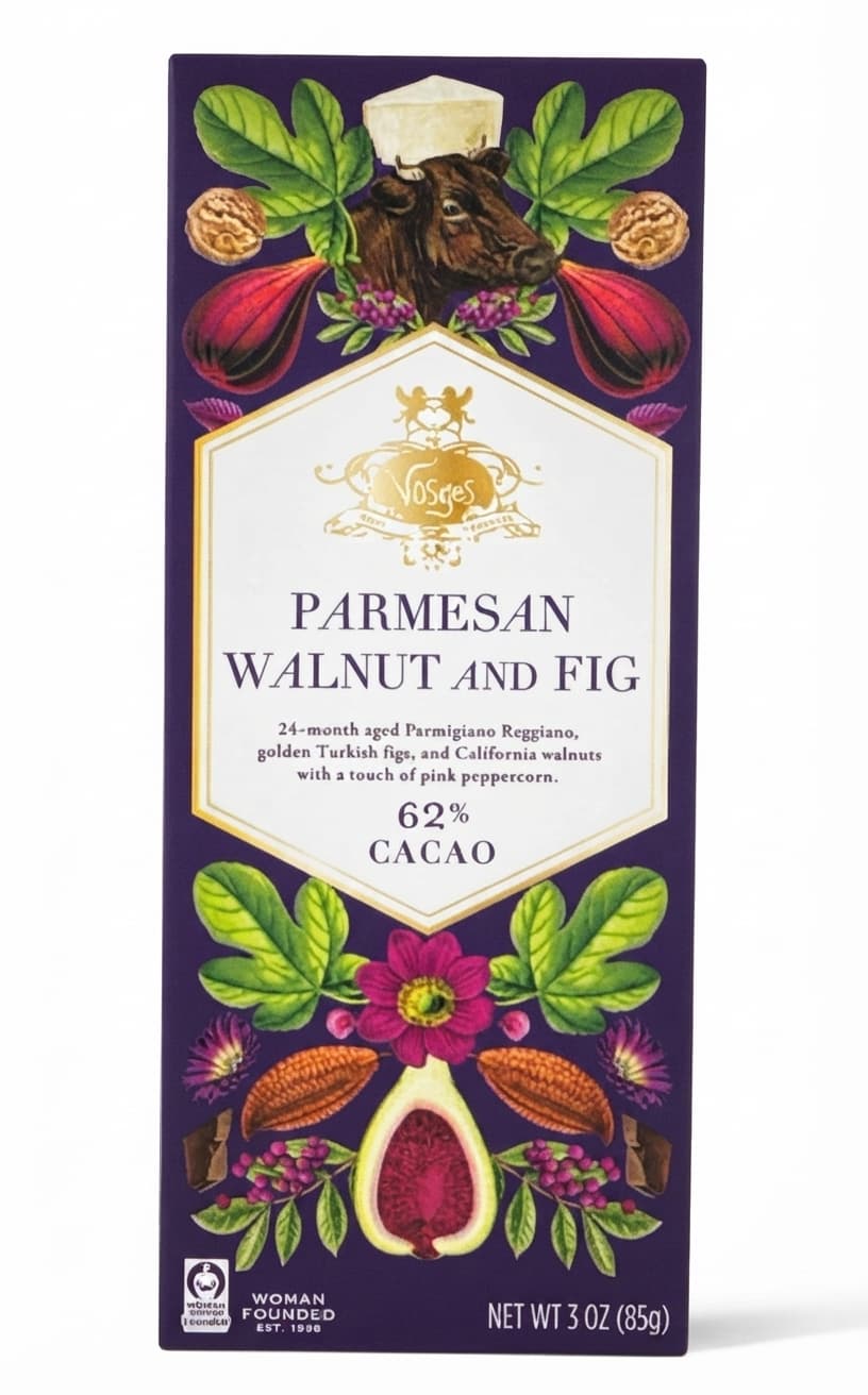 Parmesan Walnut and Fig 62% dark bar packaging by Vosges