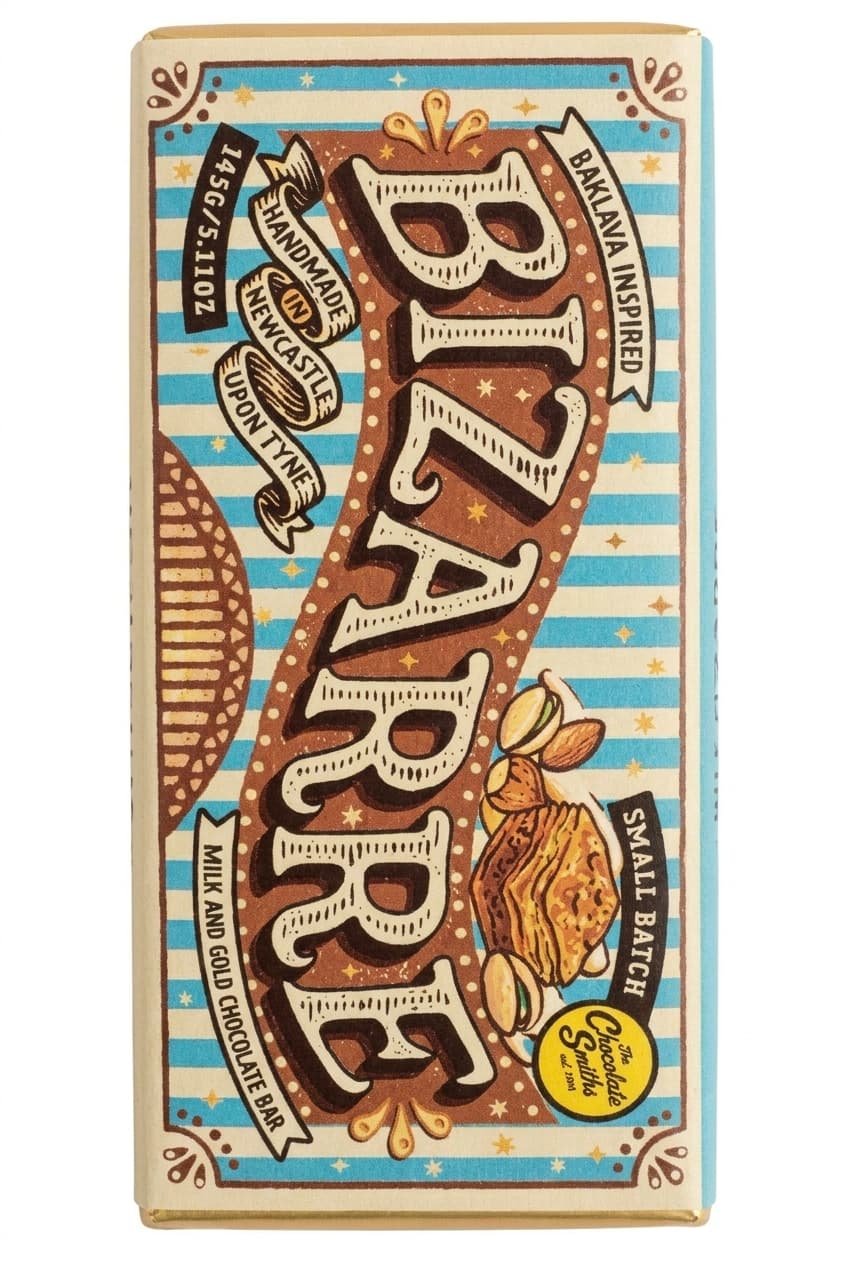 Baklava Bizarre null% milk bar packaging by The Chocolate Smiths