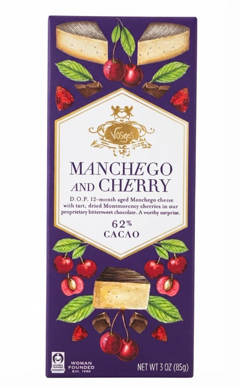 Manchego and Cherry 62% 62% dark bar packaging by Vosges