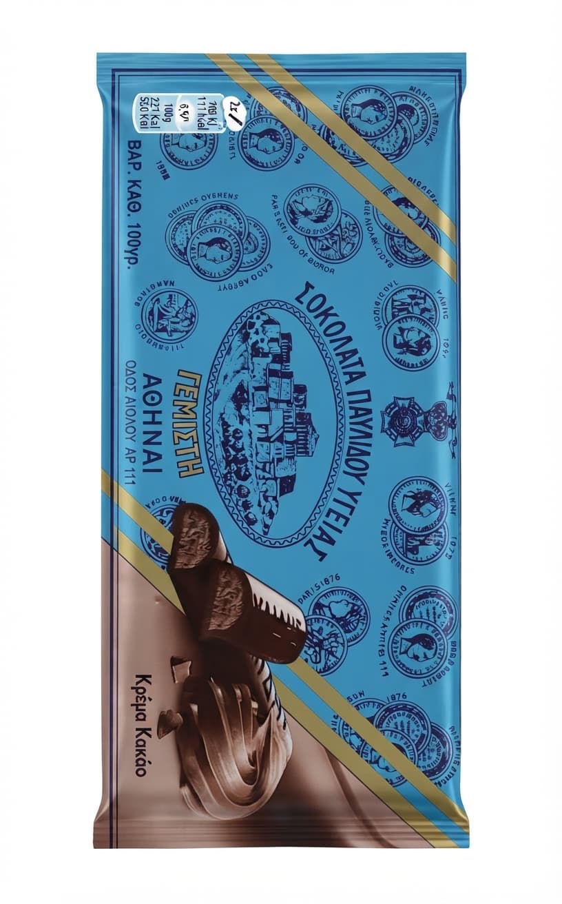 Ygeias Gemisti 43% dark bar packaging by Pavlidis