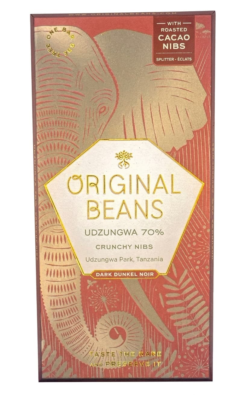 Udzungwa 70% Crunchy Nibs 70% dark bar packaging by Original Beans