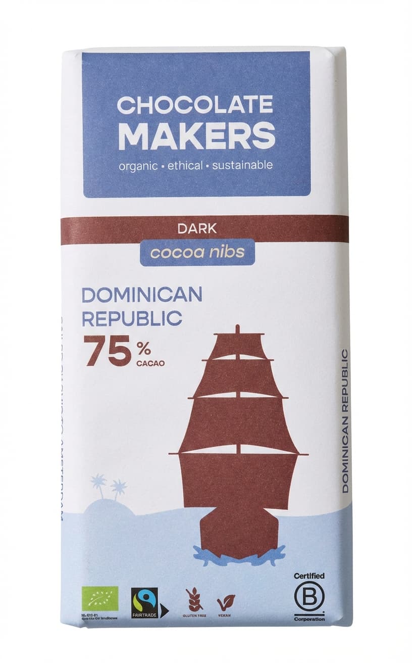 Dominican Republic 75%, Cacao Nibs 75% dark bar packaging by Chocolate Makers