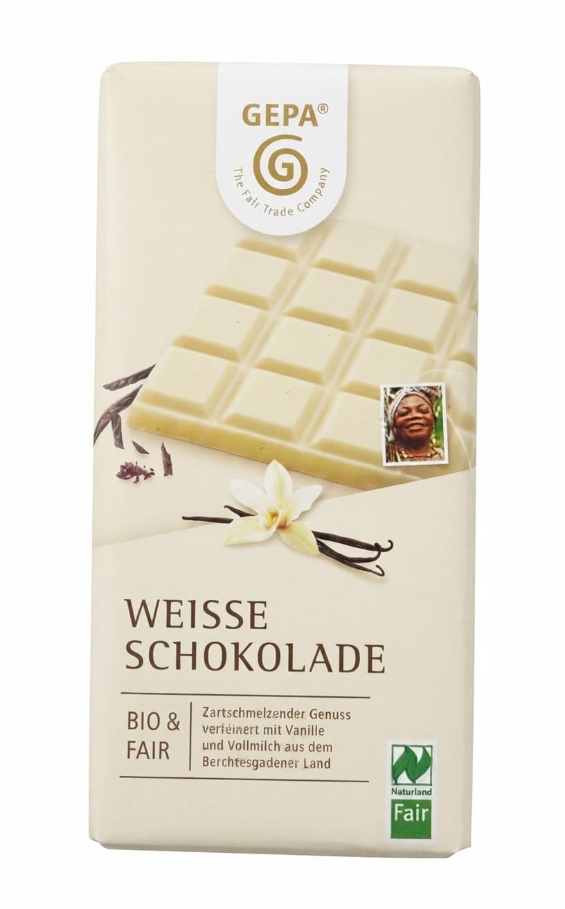 Weisse Schokolade null% white bar packaging by GEPA