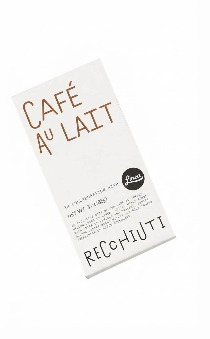 Café au Lait null% white bar packaging by Recchiuti Confections