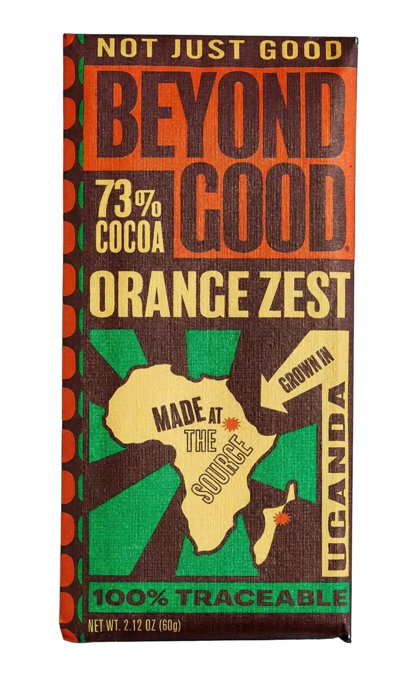 Orange Zest 73% Cocoa 73% dark bar packaging by Beyond Good