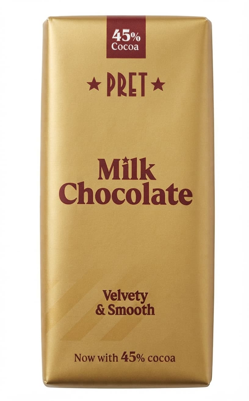 Milk Chocolate 45% 45% milk bar packaging by Pret