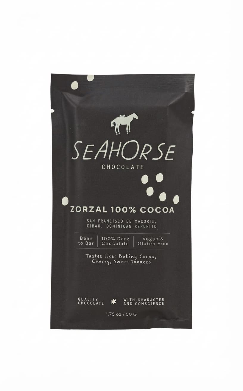 Zorzal 100% 100% dark bar packaging by Seahorse Chocolate