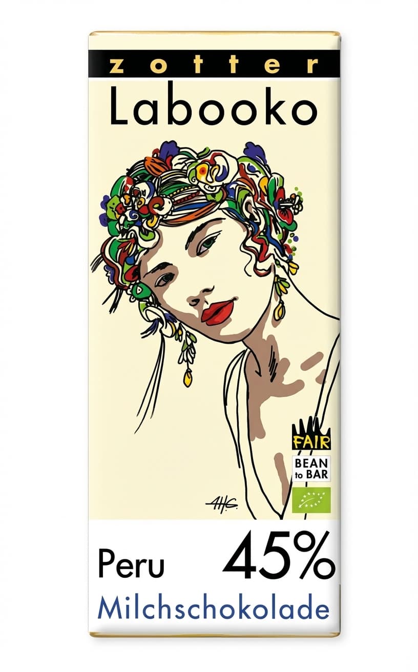 Labooko 45% Milk Chocolate Peru 45% milk bar packaging by Zotter