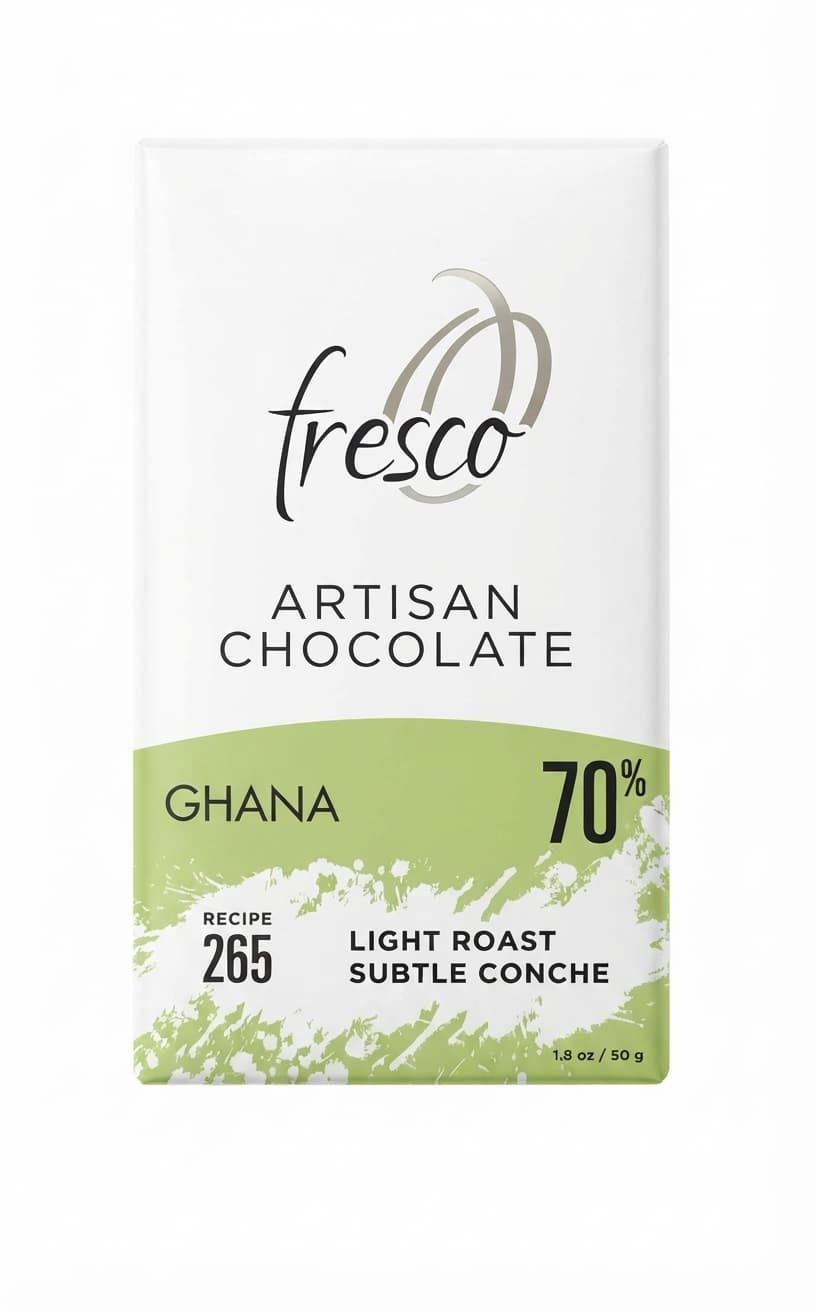 Ghana 70% Light Roast 70% dark bar packaging by Fresco