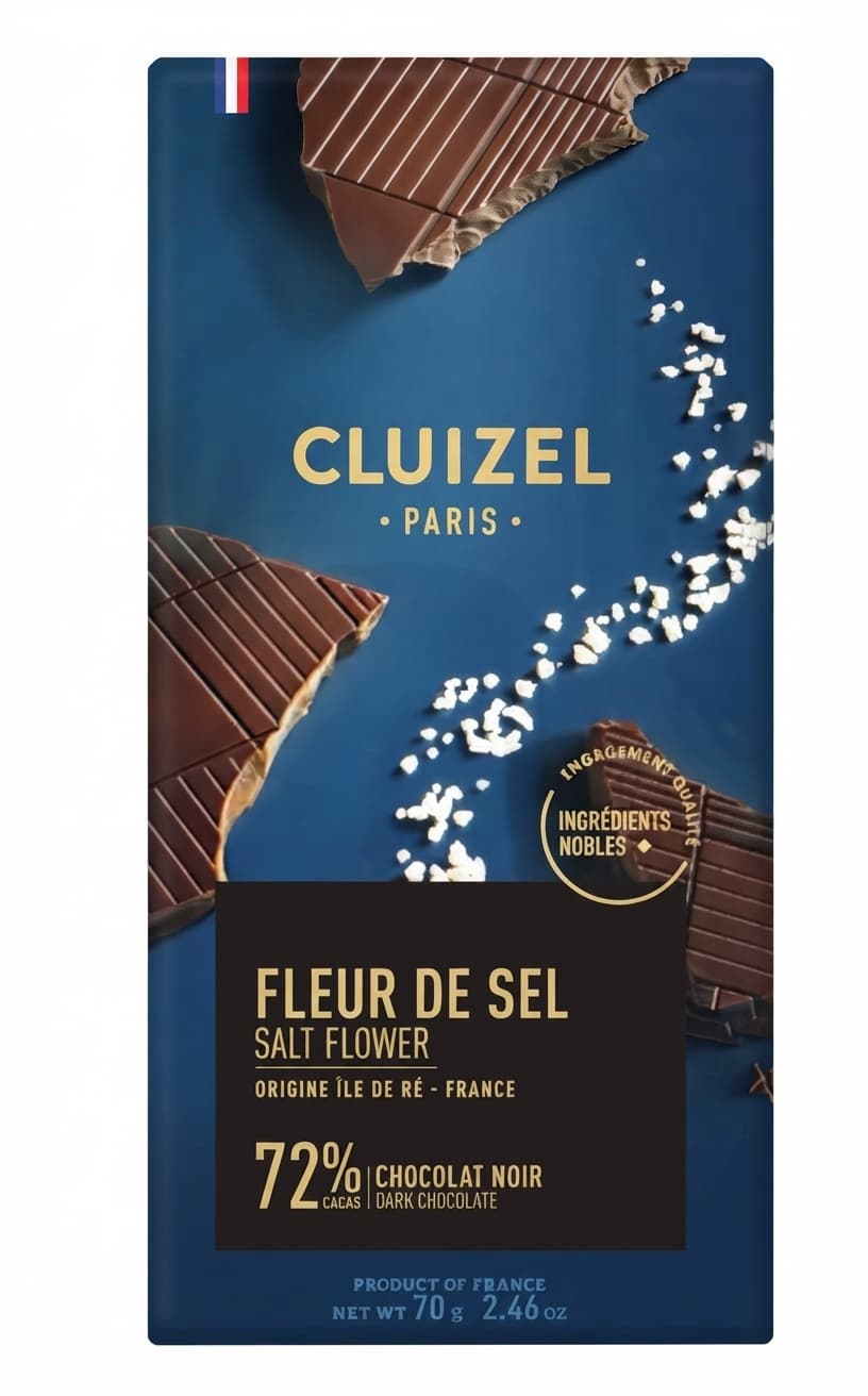 Fleur de Sel 72% 72% dark bar packaging by Cluizel