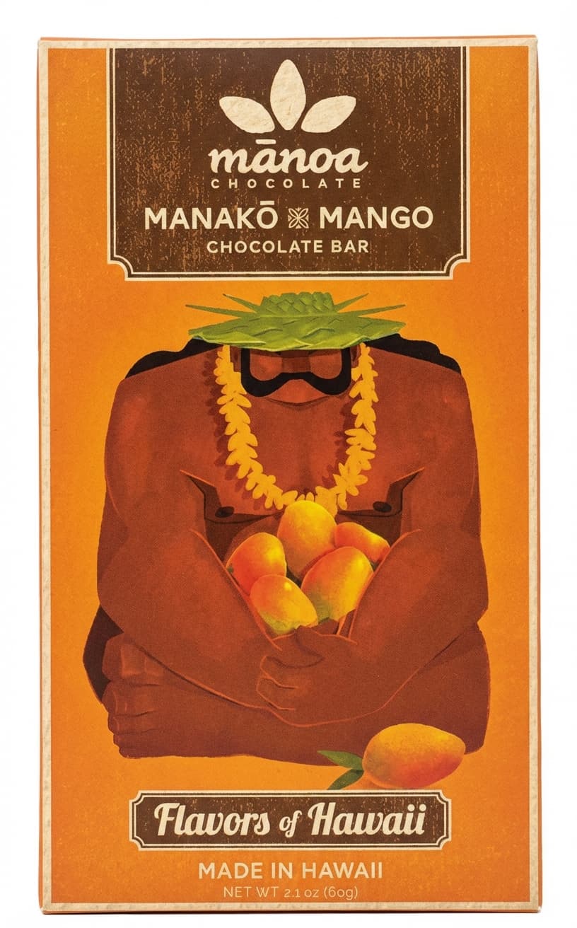 Manakō Mango Flavors of Hawaii 70% dark bar packaging by mānoa chocolate
