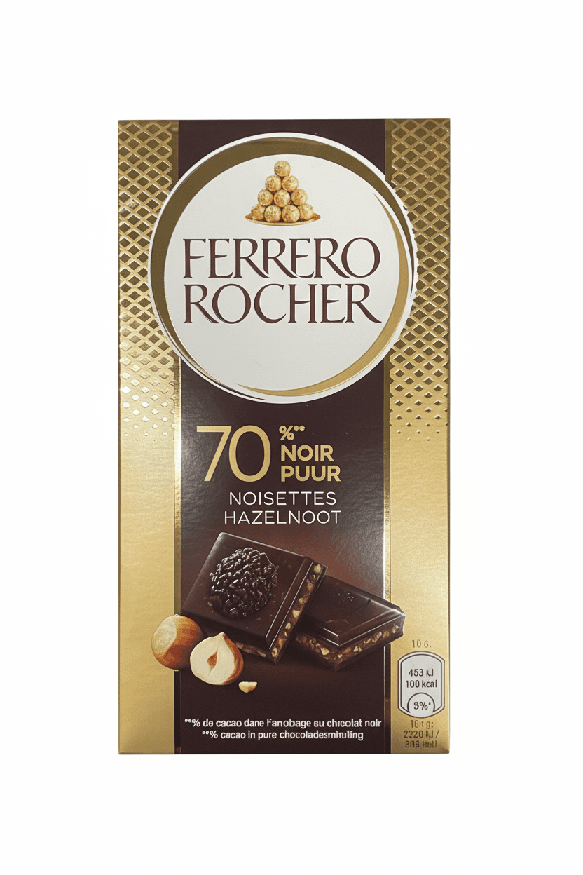 Dark Hazelnut 70% 70% dark bar packaging by Ferrero Rocher