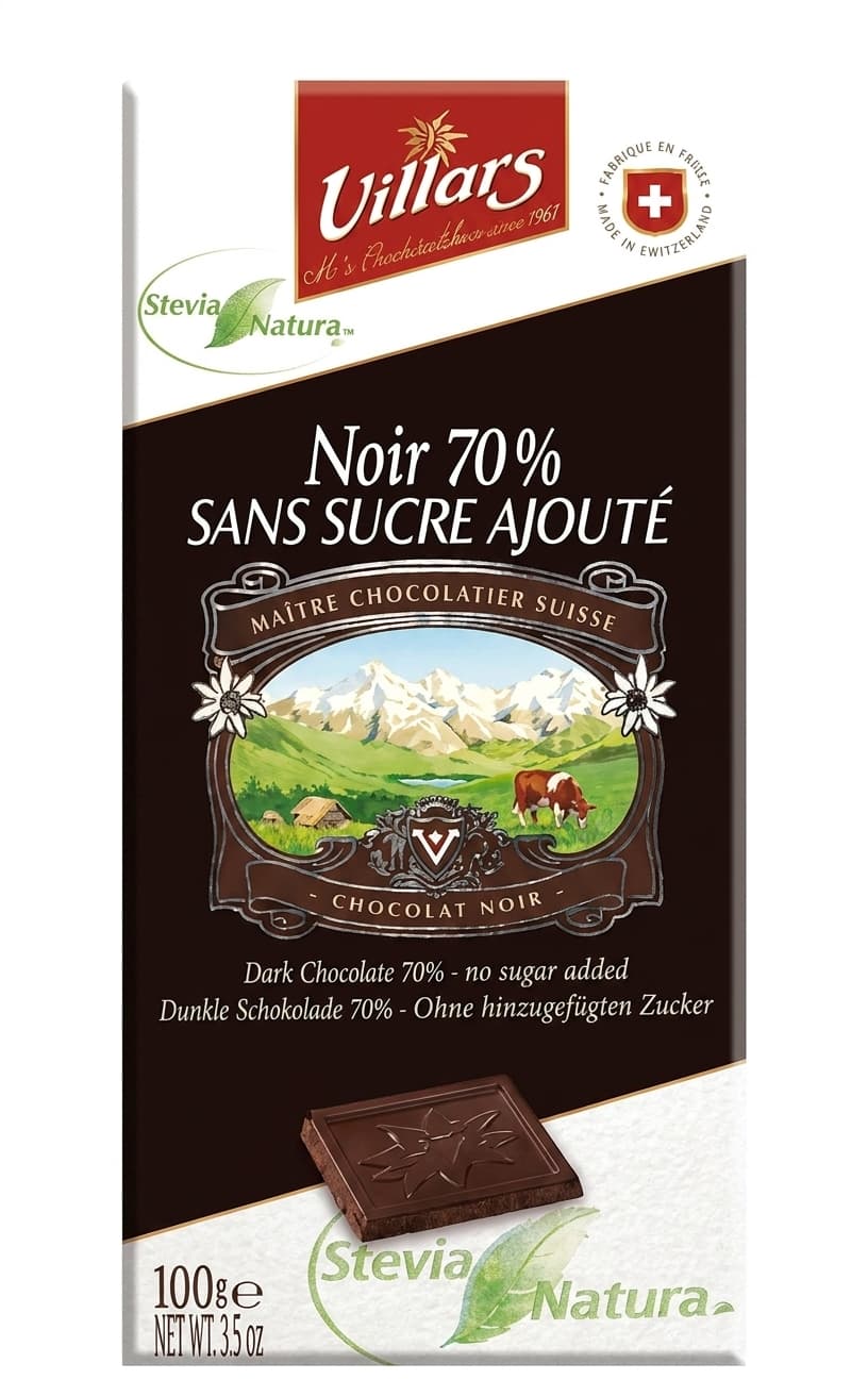 Noir 70% Sans Sucre Ajouté 70% dark bar packaging by Villars