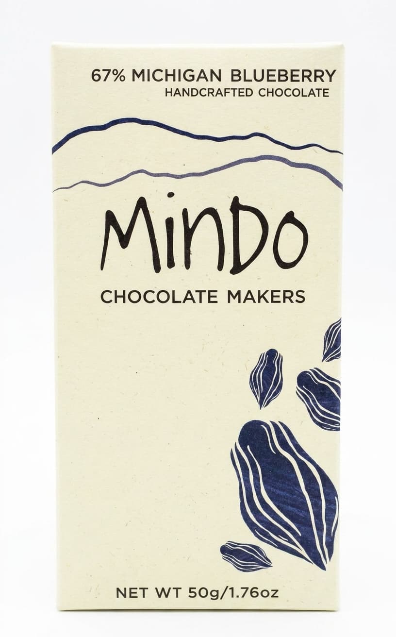 Michigan Blueberry 67% 67% dark bar packaging by Mindo Chocolate