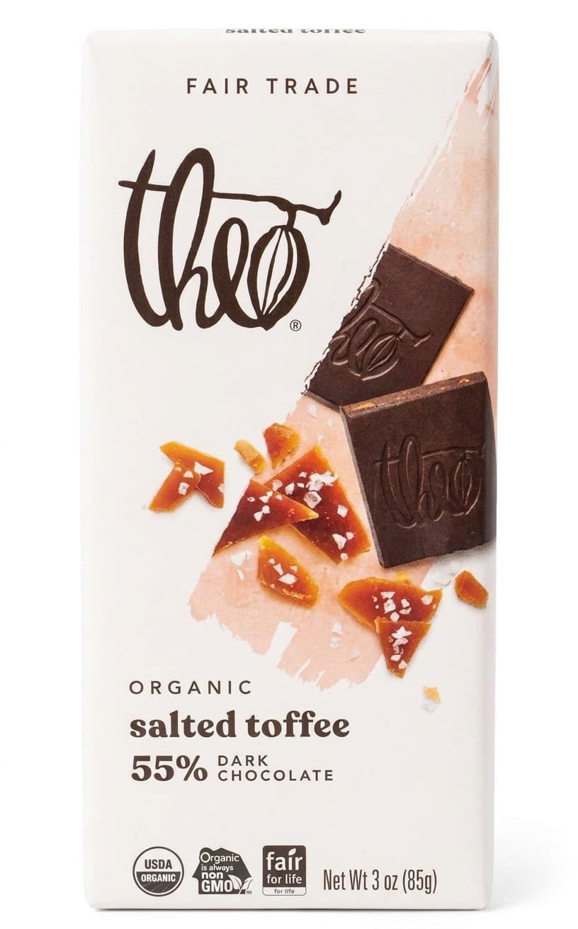 Salted Toffee 55% 55% dark bar packaging by Theo