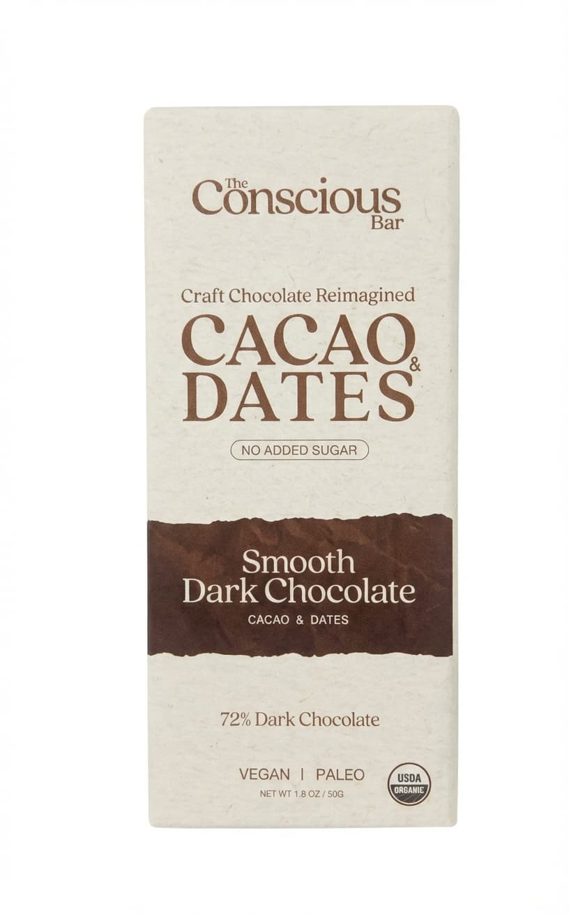 Cacao & Dates 72% dark bar packaging by The Conscious Bar
