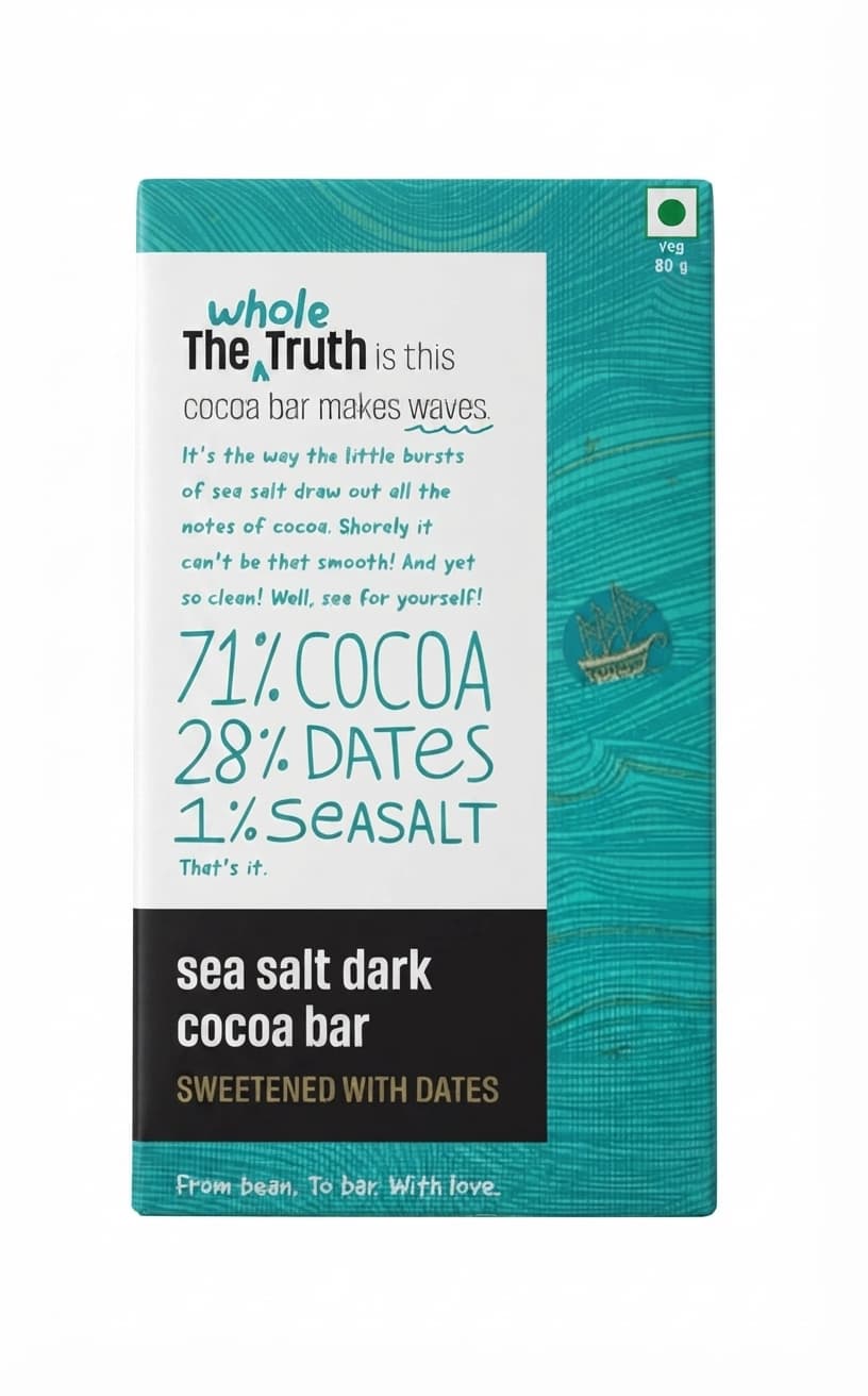 Sea Salt 71% dark bar packaging by The Whole Truth