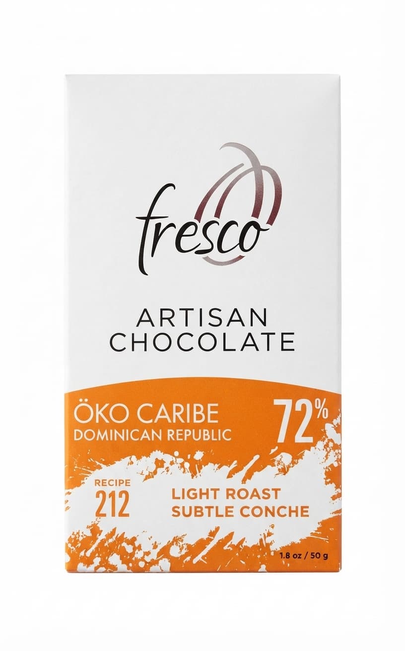 Öko Caribe Dominican Republic 72% Light Roast 72% dark bar packaging by Fresco