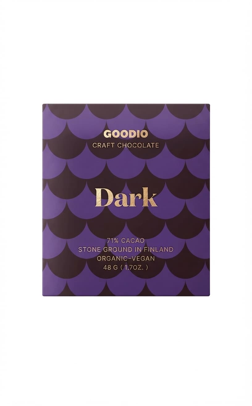 Dark Peru 71% 71% dark bar packaging by Goodio