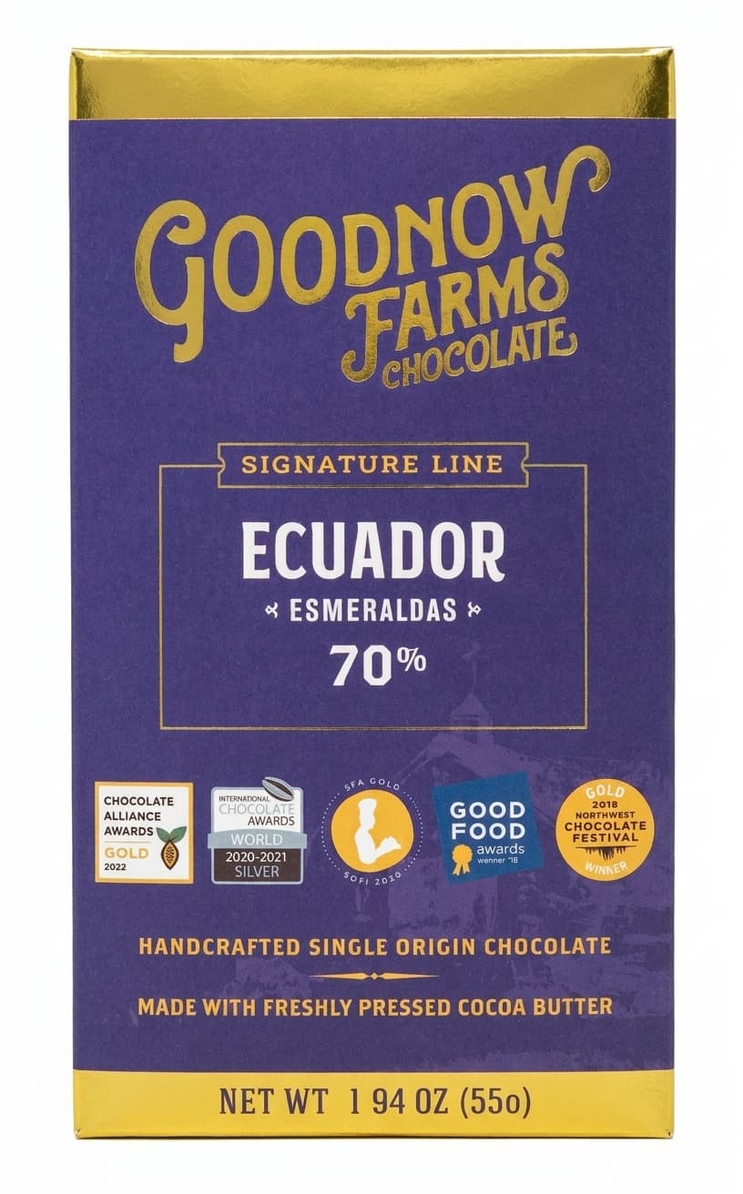 Esmeraldas Ecuador 70% 70% dark bar packaging by Goodnow Farms