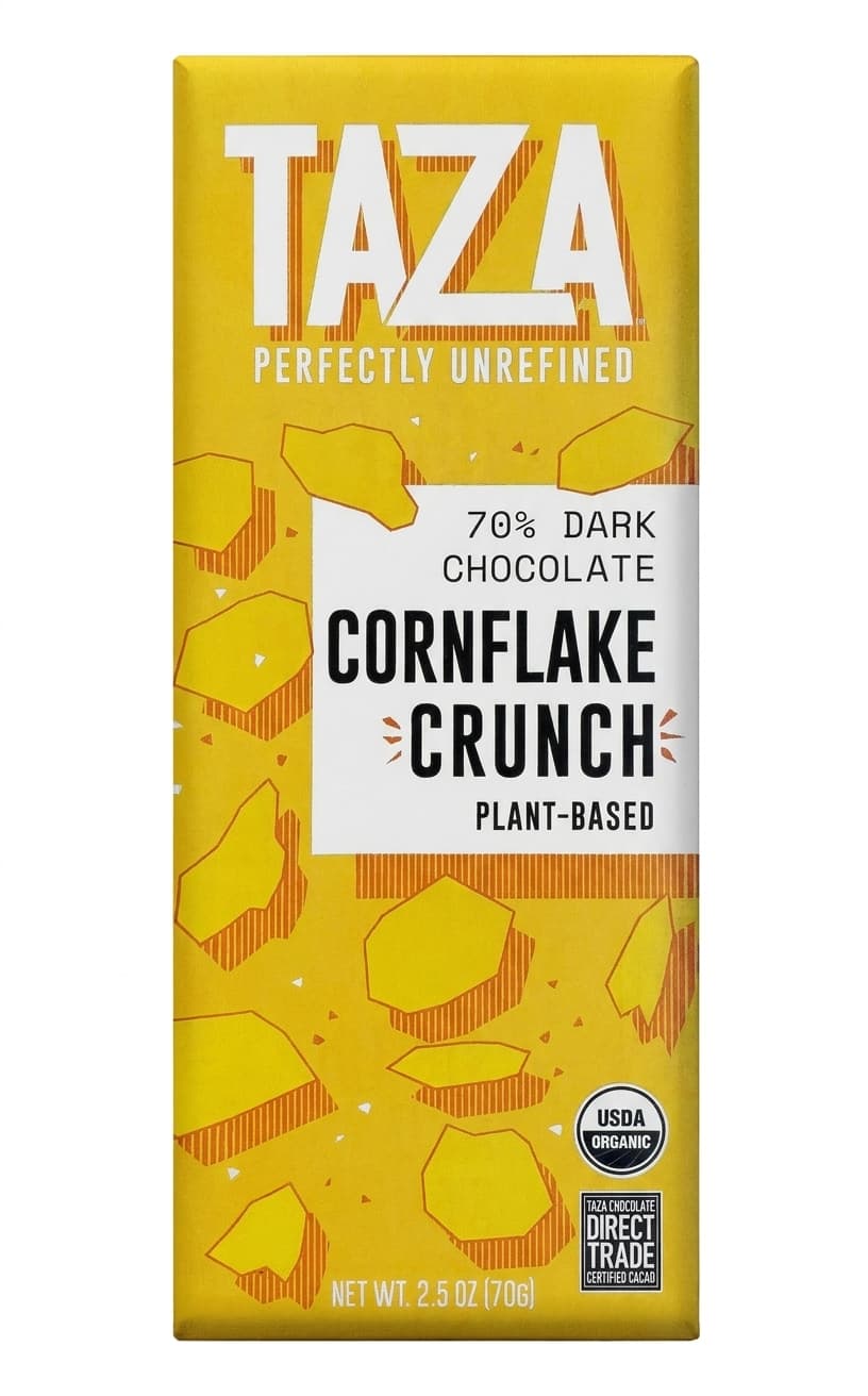 Cornflake Crunch 70% 70% dark bar packaging by Taza