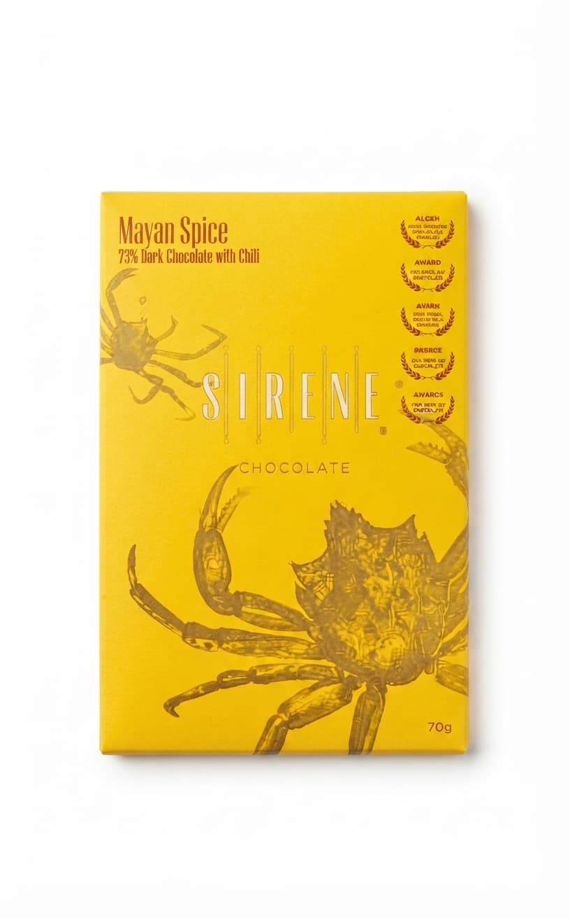 Mayan Spice 73% 73% dark bar packaging by Sirene