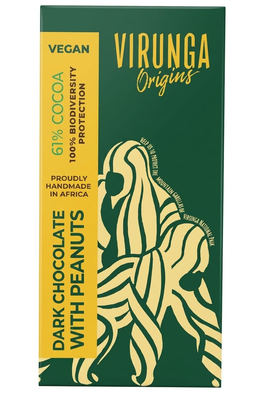 Dark Chocolate With Peanuts 61% 61% dark bar packaging by Virunga Origins