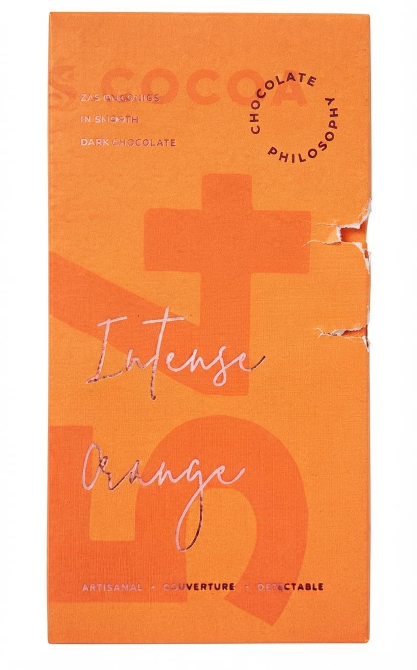 Intense Orange null% dark bar packaging by Chocolate Philosophy