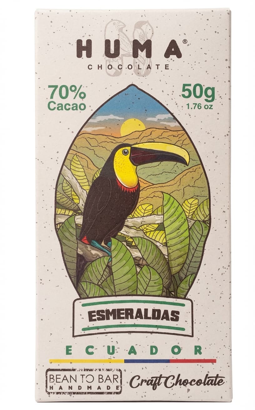 Esmeraldas 70% 70% dark bar packaging by Huma Chocolate