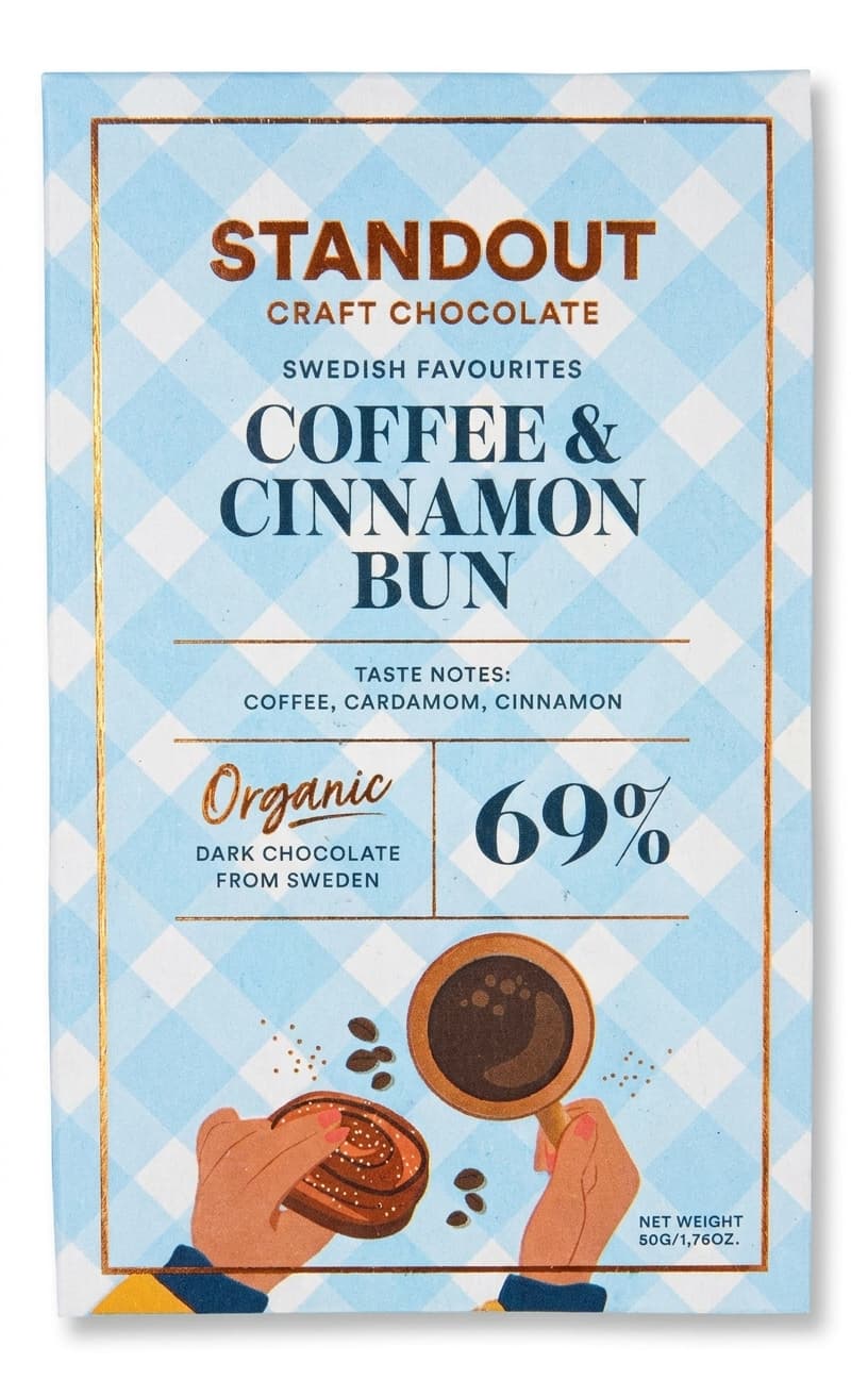 Coffee & Cinnamon Bun 69% dark bar packaging by Standout Chocolate