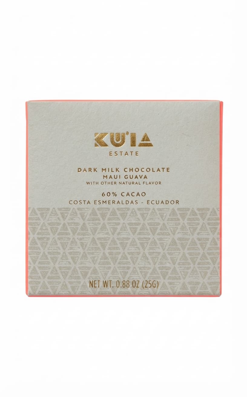 Guava Dark Milk 60% 60% milk bar packaging by Maui Ku'ia Estate Chocolate