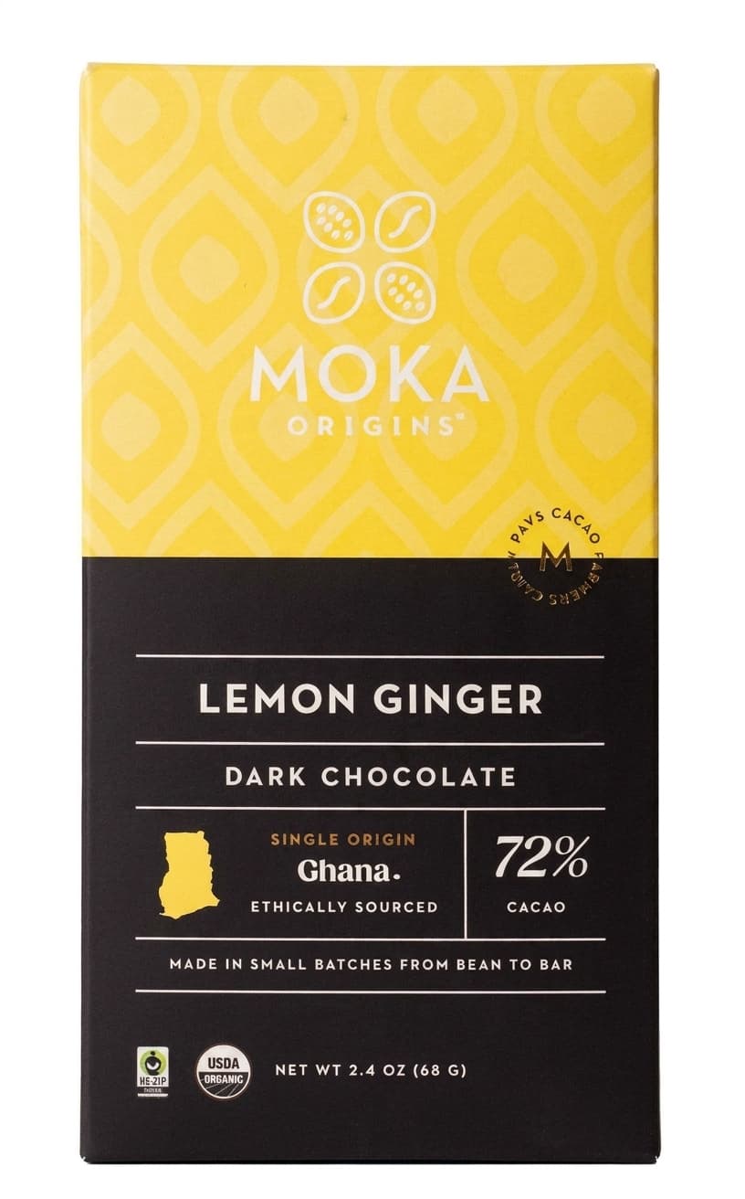Lemon Ginger 72% 72% dark bar packaging by Moka Origins