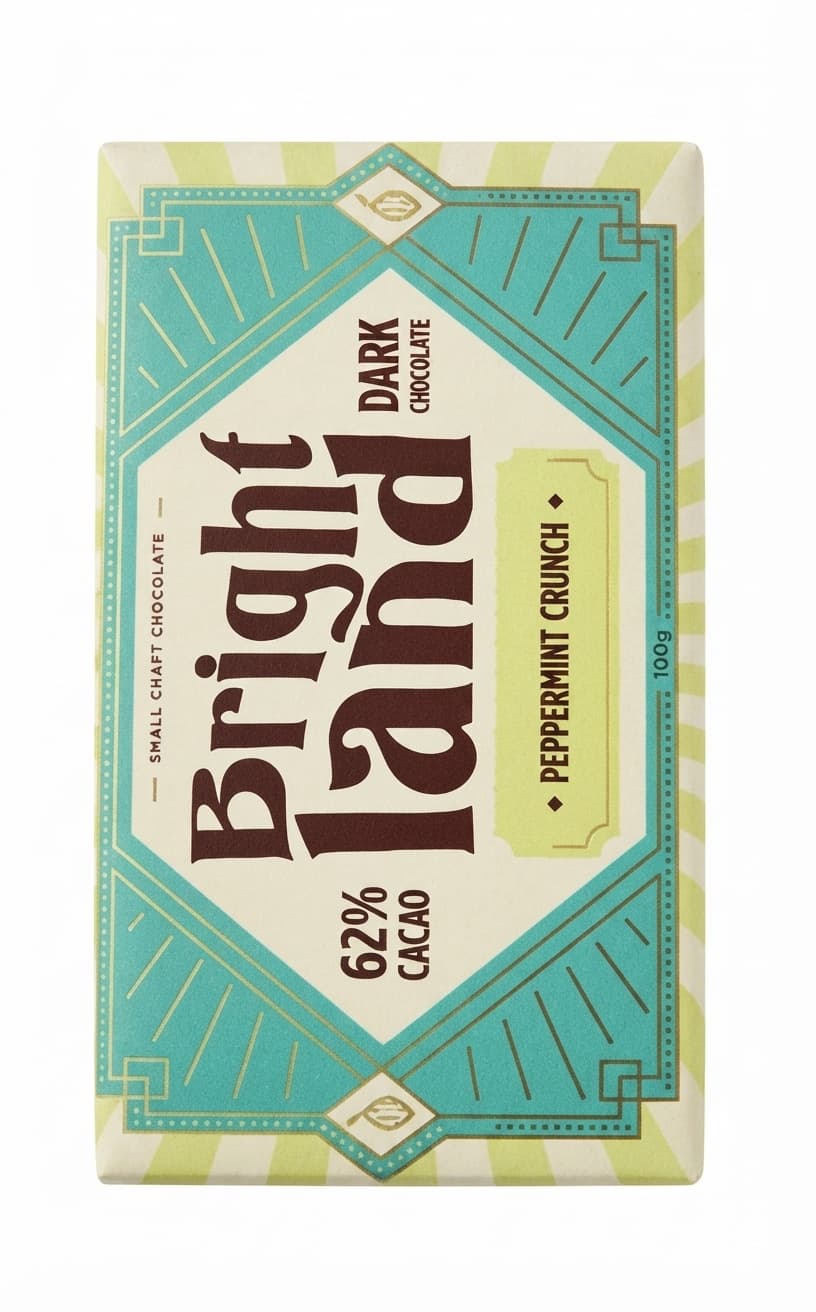 Peppermint Crunch 62% 62% dark bar packaging by Brightland