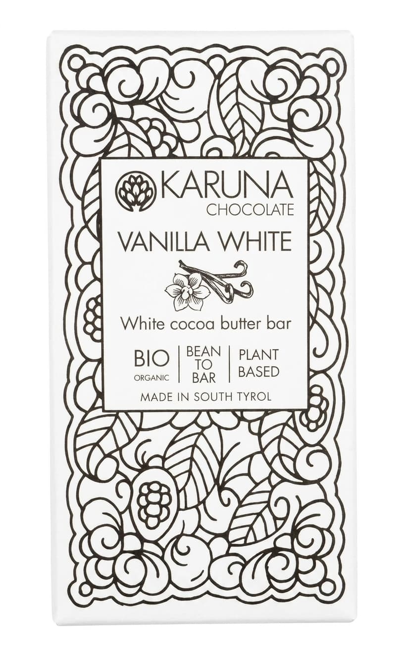 Vanilla White 39% white bar packaging by Karuna