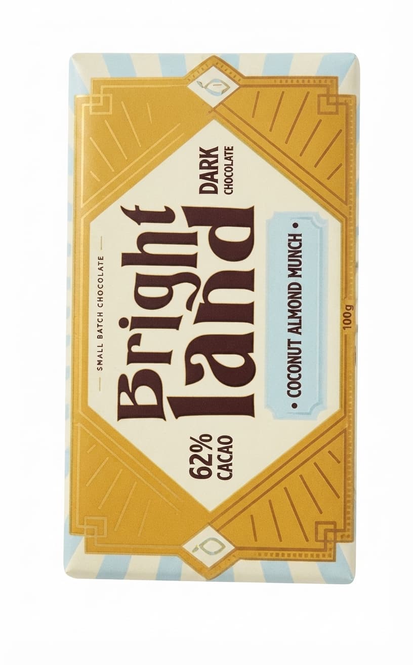 Coconut Almond Munch 62% dark bar packaging by Brightland