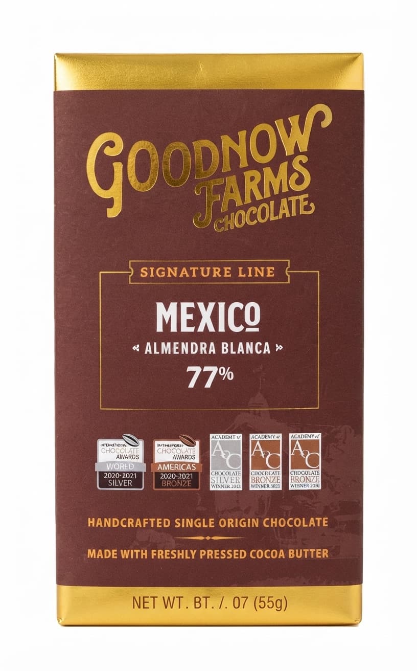 Almendra Blanca Mexico 77% 77% dark bar packaging by Goodnow Farms