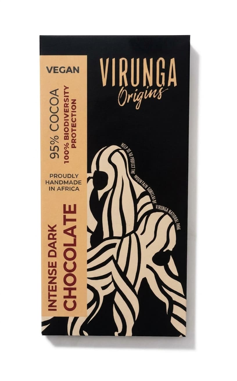 Intense Dark 95% Cocoa 95% dark bar packaging by Virunga Origins