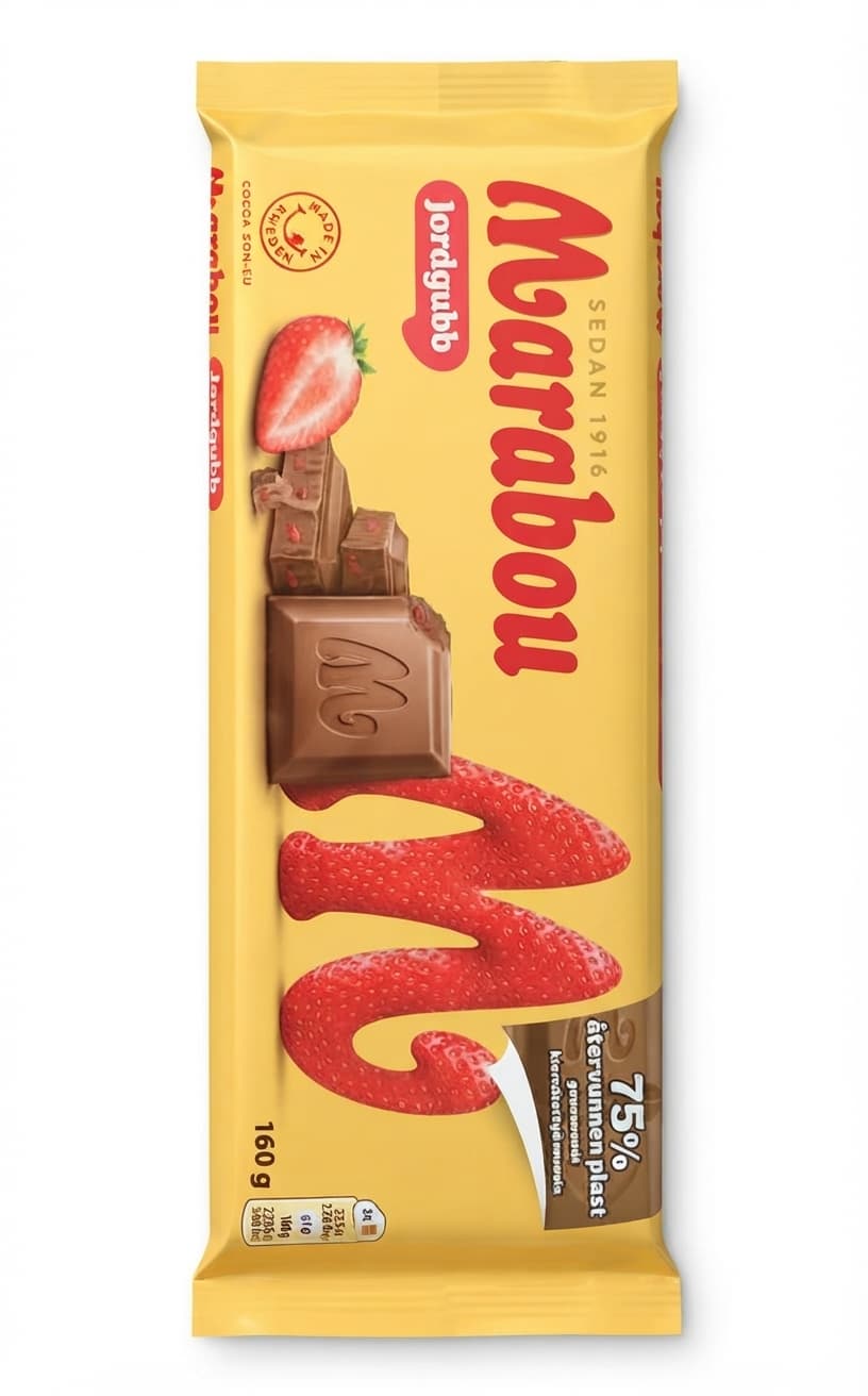 Jordgubb 30% milk bar packaging by Marabou