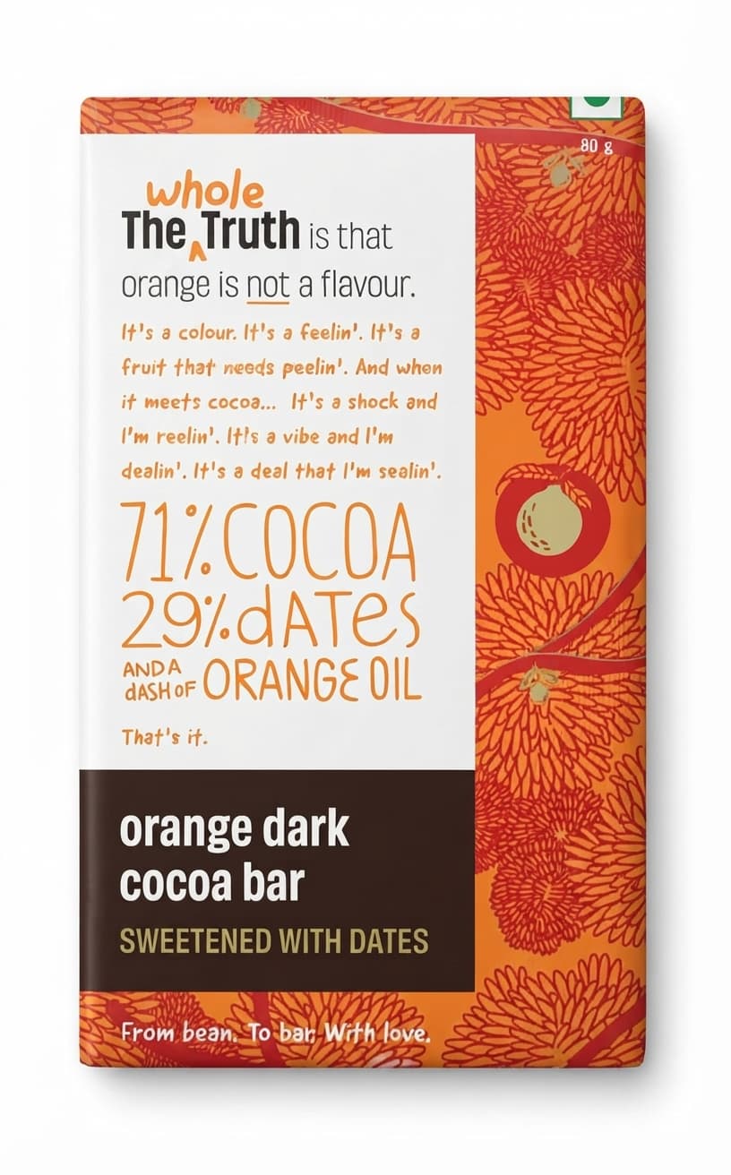 Orange Cocoa 71% dark bar packaging by The Whole Truth