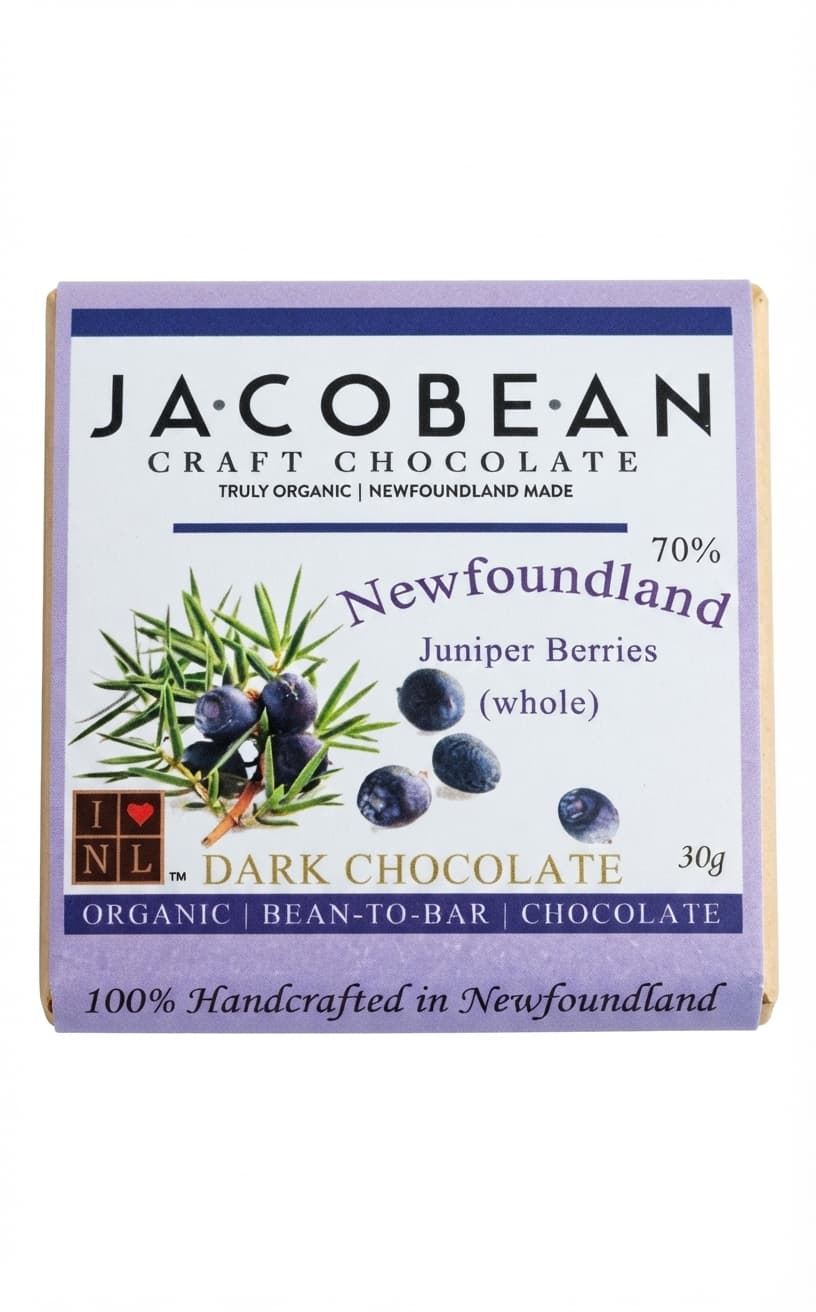 Newfoundland Juniper Berries 70% 70% dark bar packaging by Jacobean