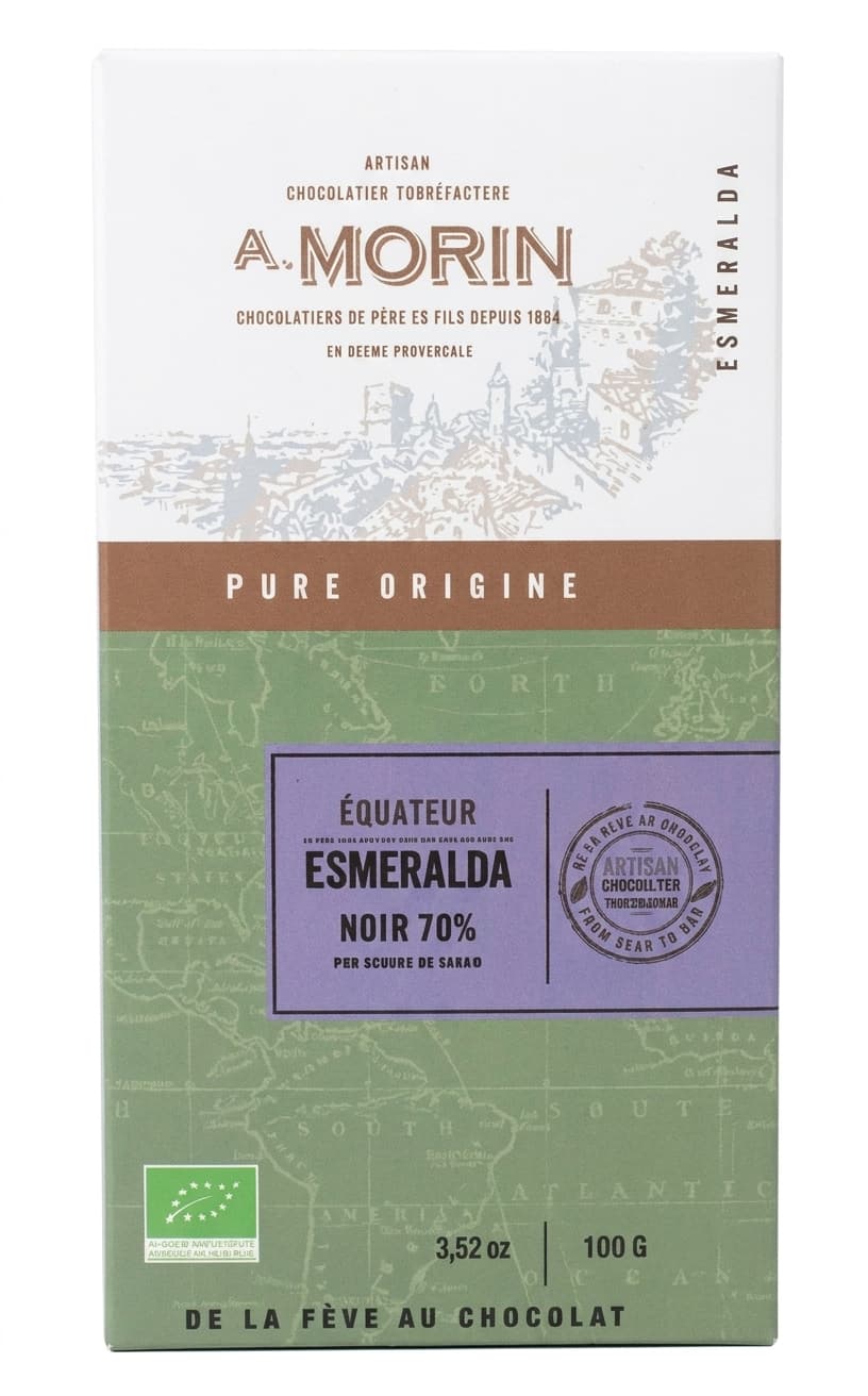 Equateur Esmeralda Noir 70% 70% dark bar packaging by Chocolaterie Morin