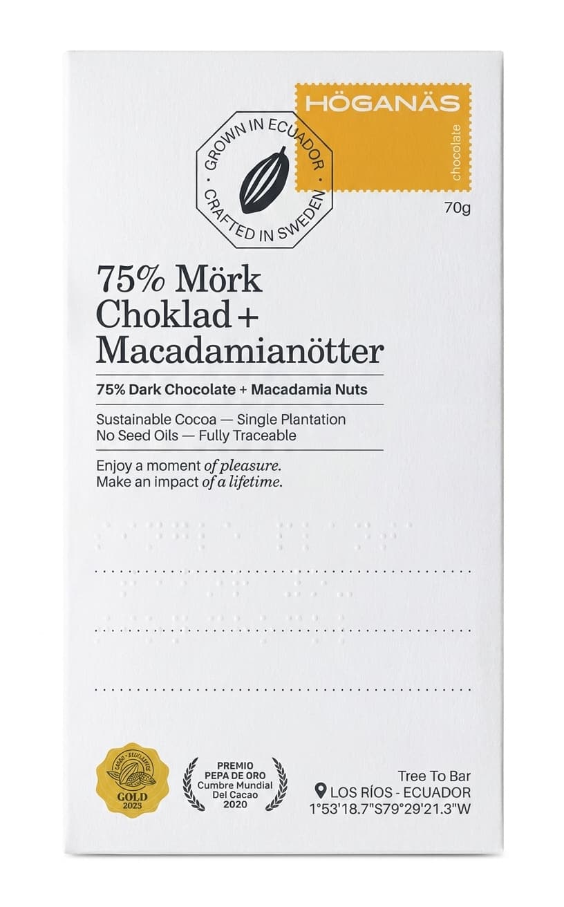 Macadamia 75% 75% dark bar packaging by HÖGANÄS
