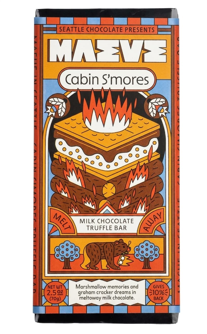 Cabin S'mores 32% milk bar packaging by Maeve Chocolate