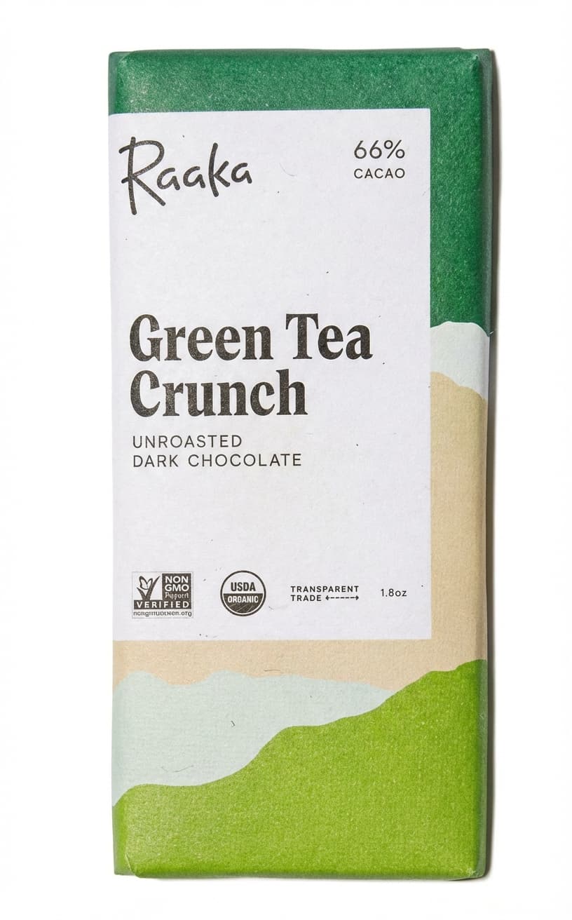Green Tea Crunch 66% dark bar packaging by Raaka