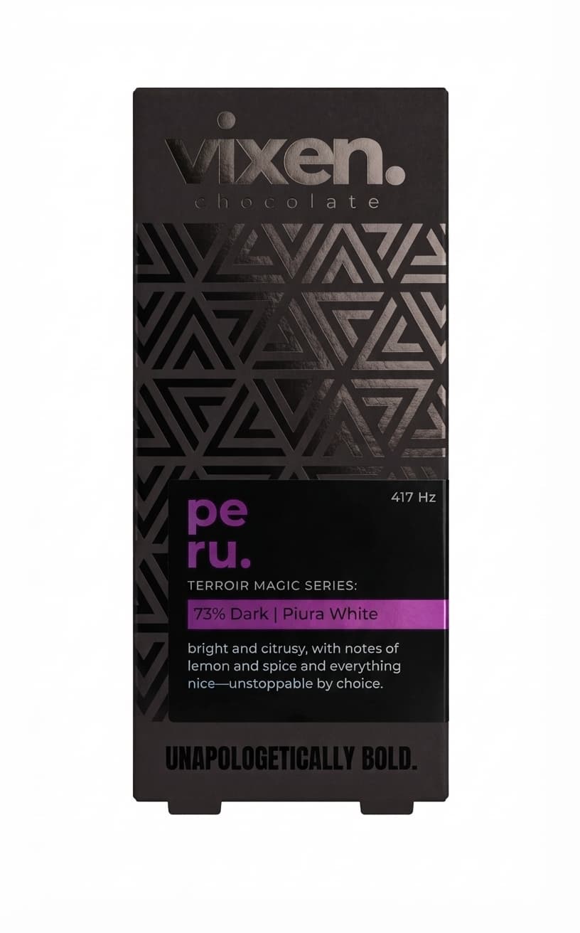 Piura White Peru 73% 73% dark bar packaging by Vixen Chocolate
