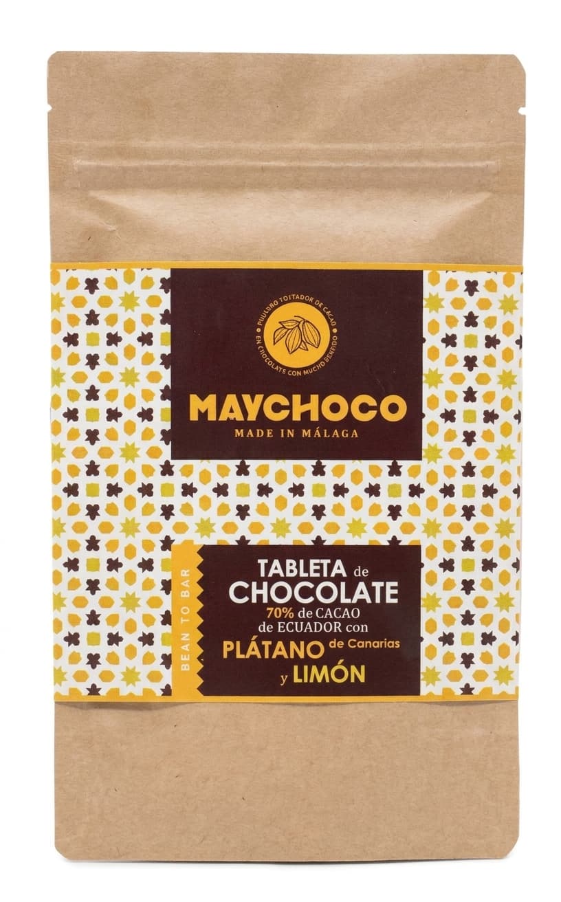 70% Cacao de Ecuador con Plátano y Limón 70% dark bar packaging by Maychoco