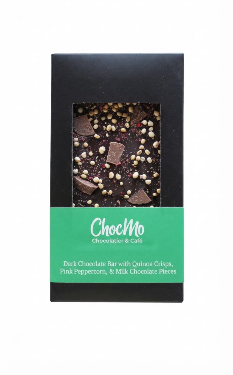 Pink Peppercorn & Quinoa Crisp null% dark bar packaging by ChocMo Chocolatier