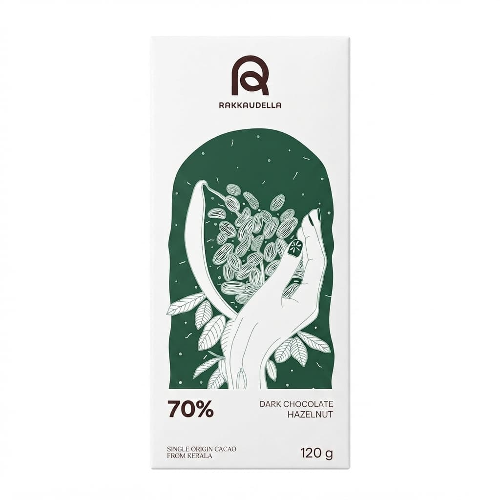 Hazelnut 70% 70% dark bar packaging by Rakkaudella