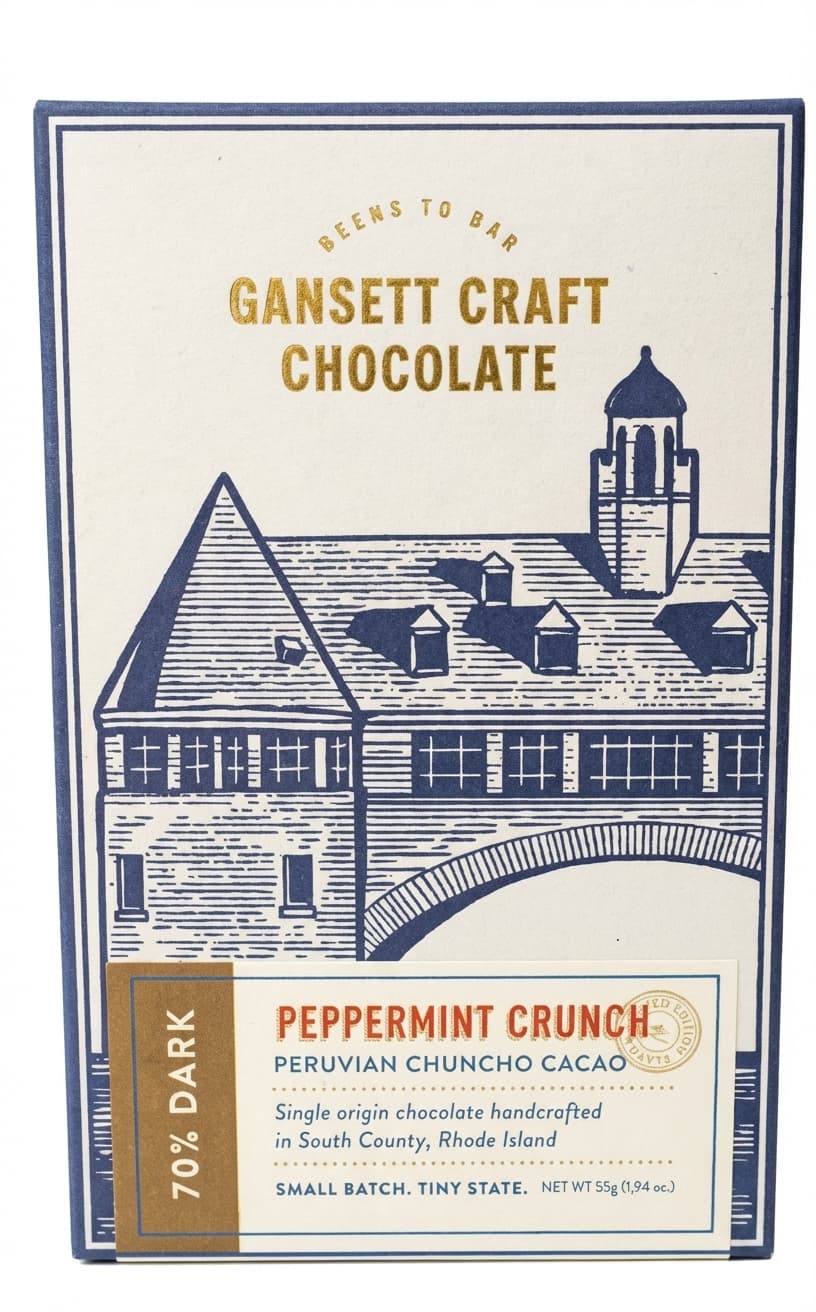 Peppermint Crunch 70% Dark 70% dark bar packaging by Gansett Craft Chocolate