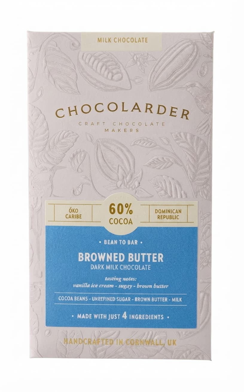 Browned Butter 60% milk bar packaging by Chocolarder